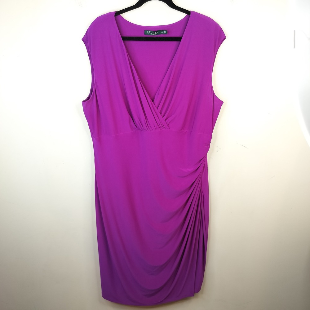 Lauren Ralph Lauren Sheath Dress 22W Ruched Surplice Faux Wrap Cocktail Fuchsia
